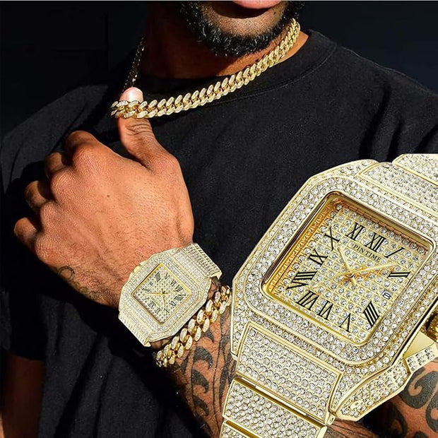 Luxury Gold Watch Necklace And Braclet Set