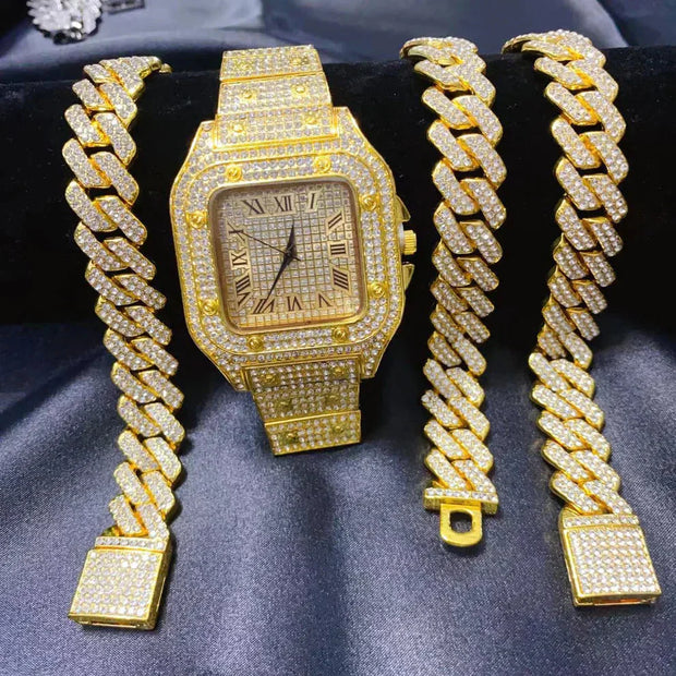 Luxury Gold Watch Necklace And Braclet Set